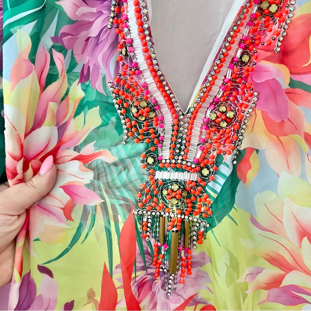 Boston Proper Tropical Floral Beaded Embellished Tunic Dress Sz M - Picture 2 of 6